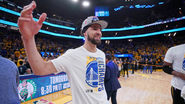 May 26, 2022; San Francisco, California, USA; Golden State Warriors guard Klay Thompson (11) after winning game five of the 2022 western conference finals against the Dallas Mavericks at Chase Center. Mandatory Credit: Cary Edmondson-USA TODAY Sports